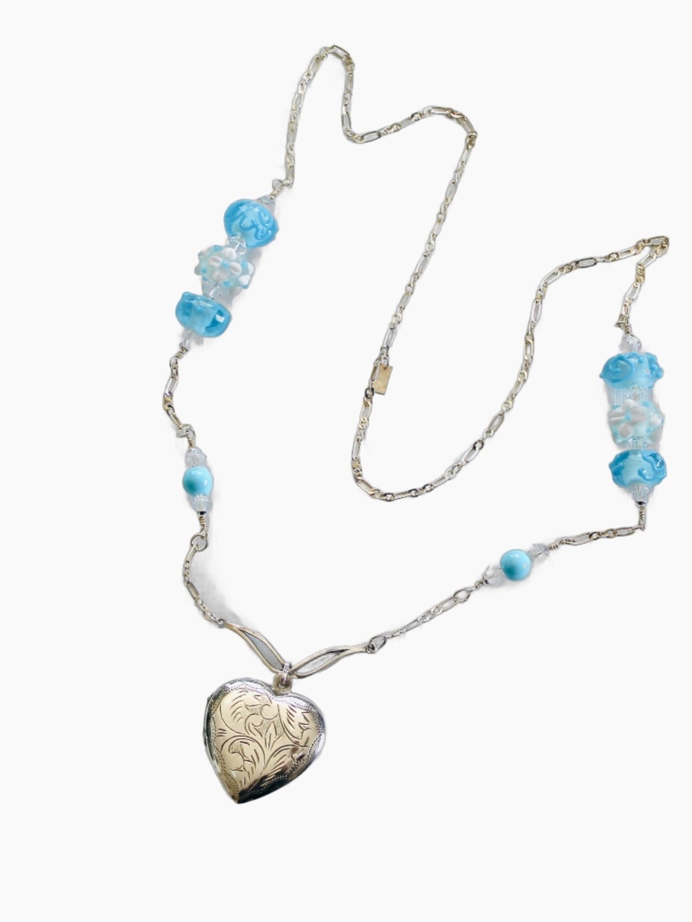 Artisan Lampwork Beaded 925 Necklace with Heart Locket Pendant